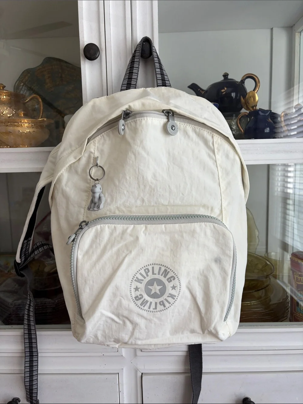 Kipling Off-White Nylon Backpack with Monkey Key Charm